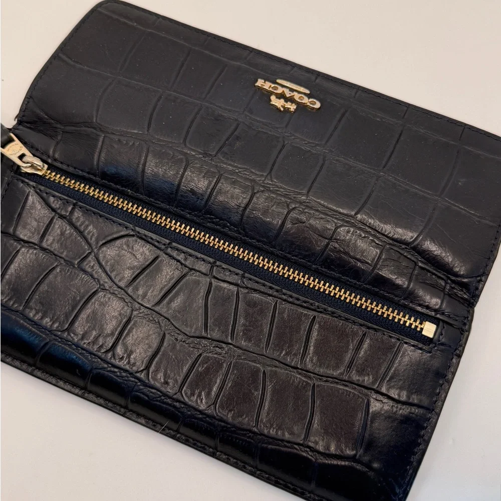 Coach Navy Blue Croc-Embossed Continental Wallet with Gold Logo